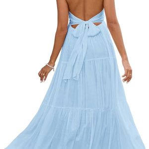 GLNEGE Summer Beach Vacation Sundress Flowy Wedding Guest Maxi Dress 2026 | Women's Halter V Neck A Line Boho Sun Dress Casual Bow Tie Backless Resort Tiered Long Trendy Dress