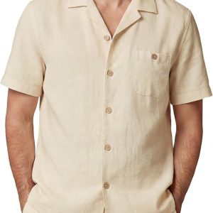 maamgic 100% Linen Shirts for Men, Short Sleeve Cuban Collar Button Down | Natural Linen, Coconut Shell Buttons, Back Pleat, Side Slits, Relaxed Comfortable Fit, Beach, Wedding, Everyday Summer Wear