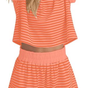 MISSACTIVER 2 Piece Lounge Set Women Stripe Knit Short Sleeve Tee Shirts Shorts Casual Summer Loungewear Shorts Sets