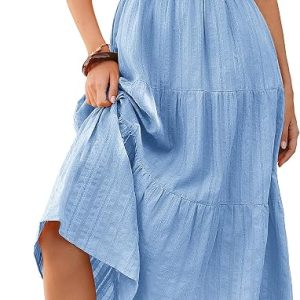Women Summer Dress Casual Spaghetti Strap Midi Cotton Sundress with Pockets | Flowy Boho Beach Vacation Dresses 2026, Adjustable Drawstring & Straps, Lined, Backless, Sleeveless, Elastic Empire Waist